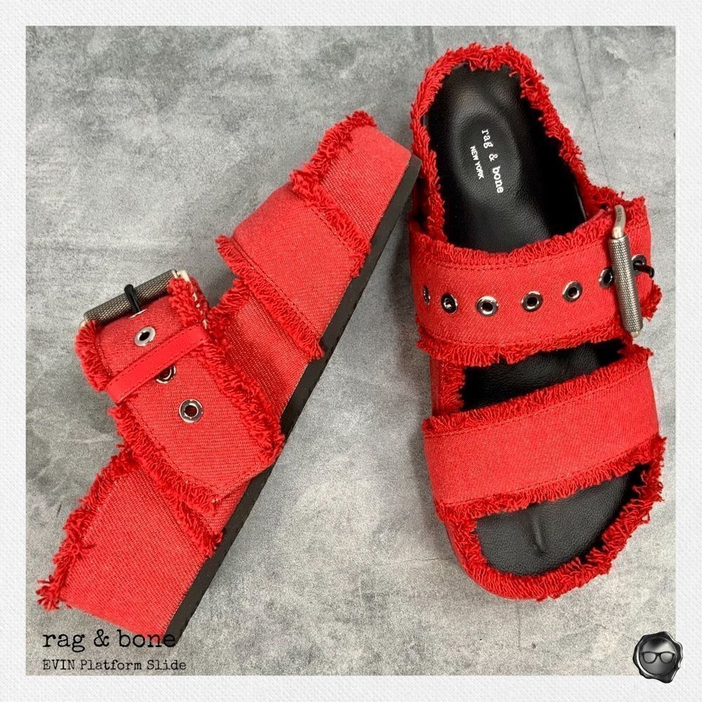 RAG & BONE EVIN PLATFORM SLIDE SANDAL IN RED DENIM FRAYED EDGES SAFFRON RED NEW